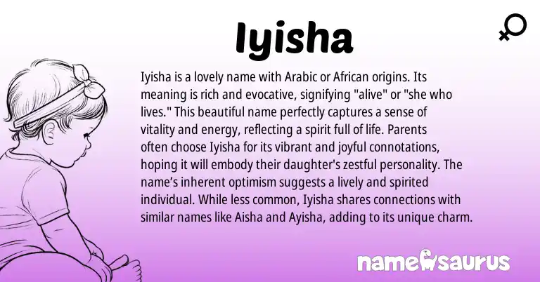 Infographic about Iyisha name meaning, Iyisha is a name from African, Arabic origin(s).