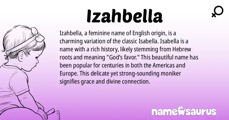Infographic about Izahbella name meaning, Izahbella is a name from English (American) origin(s).