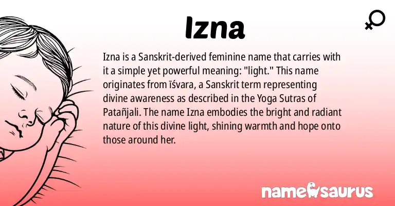 Infographic about Izna name meaning, Izna is a name from Sanskrit origin(s).