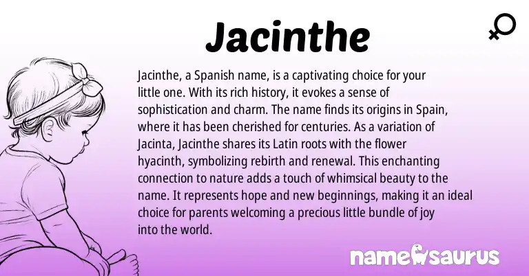 Infographic about Jacinthe name meaning, Jacinthe is a name from Spain, Spanish, Latin origin(s).