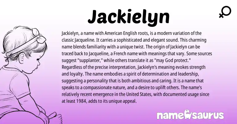 Infographic about Jackielyn name meaning, Jackielyn is a name from English, French, Indian origin(s).