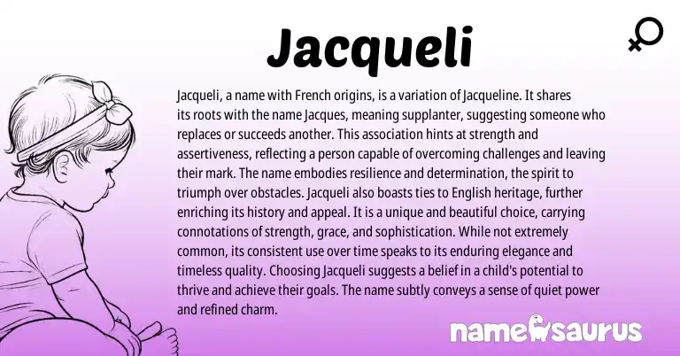 Infographic about Jacqueli name meaning, Jacqueli is a name from French origin(s).