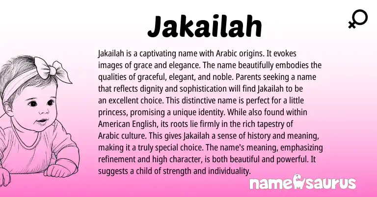 Infographic about Jakailah name meaning, Jakailah is a name from Arabic origin(s).