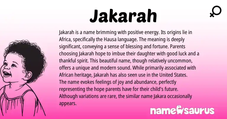 Infographic about Jakarah name meaning, Jakarah is a name from Hausa, African origin(s).