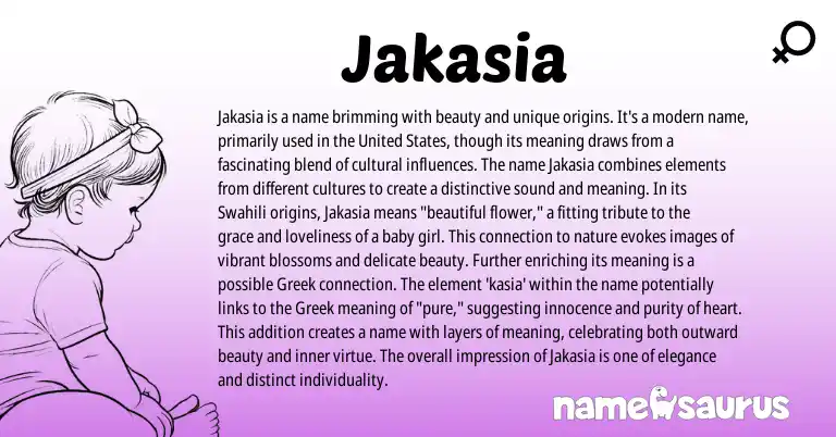 Infographic about Jakasia name meaning, Jakasia is a name from Greek, Swahili origin(s).