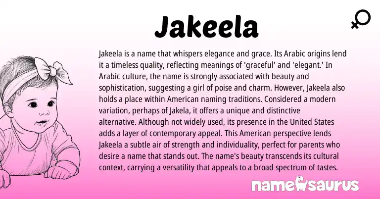 Infographic about Jakeela name meaning, Jakeela is a name from Arabic origin(s).