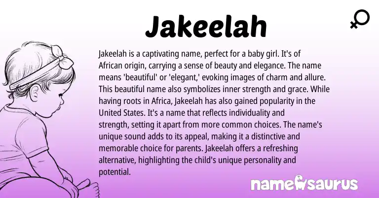Infographic about Jakeelah name meaning, Jakeelah is a name from African origin(s).
