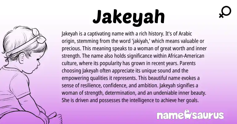 Infographic about Jakeyah name meaning, Jakeyah is a name from English, Arabic origin(s).