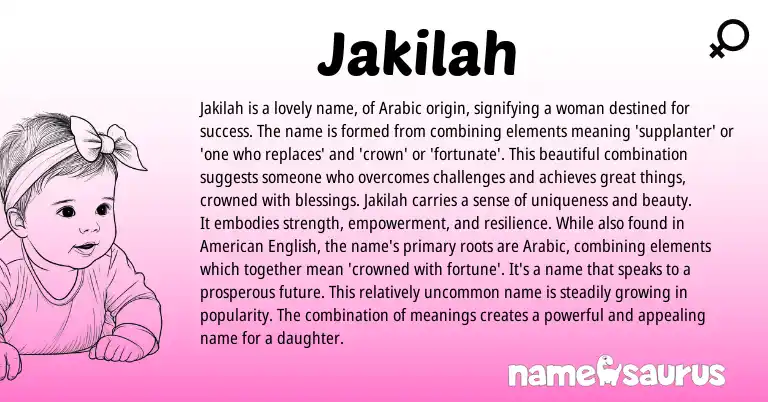 Infographic about Jakilah name meaning, Jakilah is a name from Arabic origin(s).