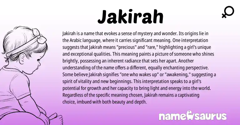 Infographic about Jakirah name meaning, Jakirah is a name from Arabic origin(s).
