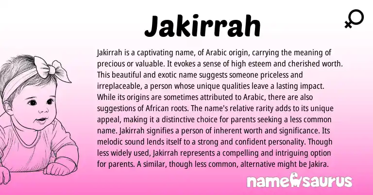 Infographic about Jakirrah name meaning, Jakirrah is a name from Arabic origin(s).
