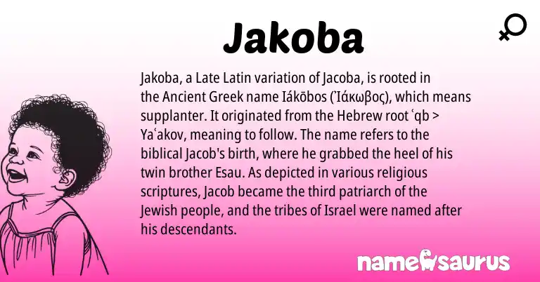 Infographic about Jakoba name meaning, Jakoba is a name from Jewish, Late Latin, Hebrew, Ancient Greek origin(s).