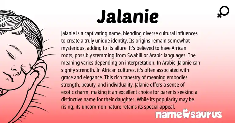 Infographic about Jalanie name meaning, Jalanie is a name from African, Arabic origin(s).