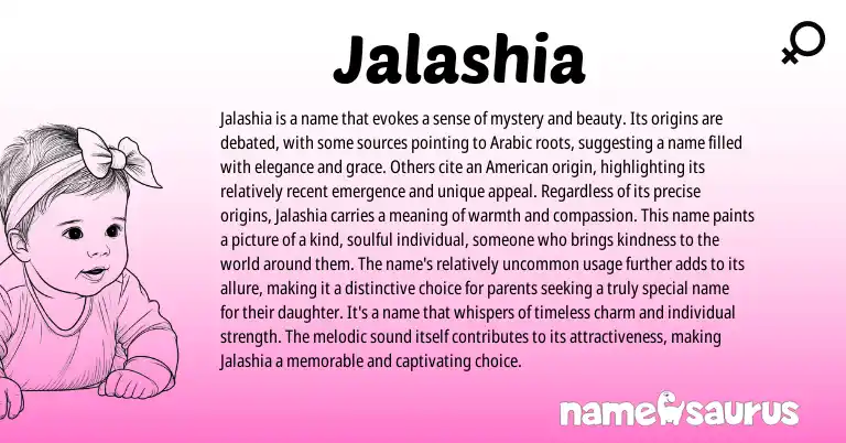 Infographic about Jalashia name meaning, Jalashia is a name from Arabic origin(s).