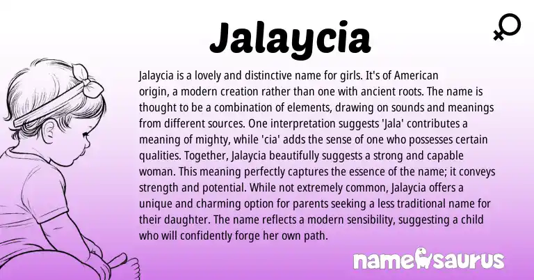 Infographic about Jalaycia name meaning, Jalaycia is a name from American origin(s).