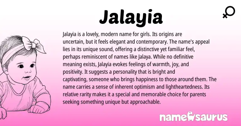 Infographic about Jalayia name meaning, Jalayia is a name from American origin(s).