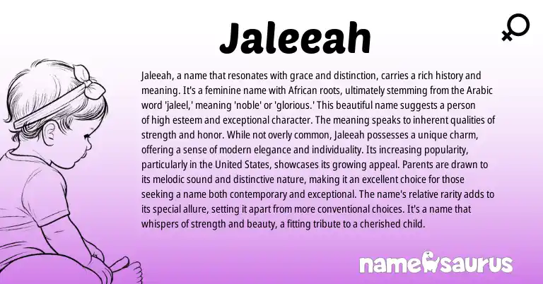 Infographic about Jaleeah name meaning, Jaleeah is a name from African, Arabic origin(s).