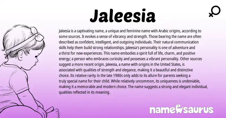 Infographic about Jaleesia name meaning, Jaleesia is a name from Arabic origin(s).
