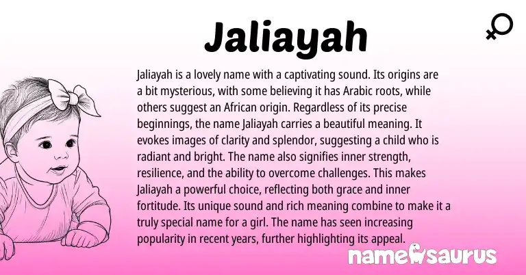 Infographic about Jaliayah name meaning, Jaliayah is a name from Arabic origin(s).