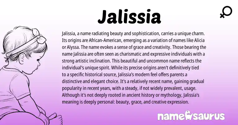 Infographic about Jalissia name meaning, Jalissia is a name from American origin(s).