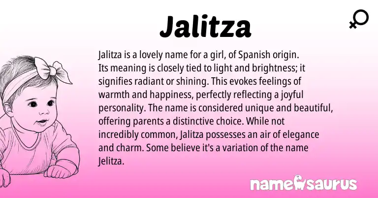 Infographic about Jalitza name meaning, Jalitza is a name from Spanish origin(s).