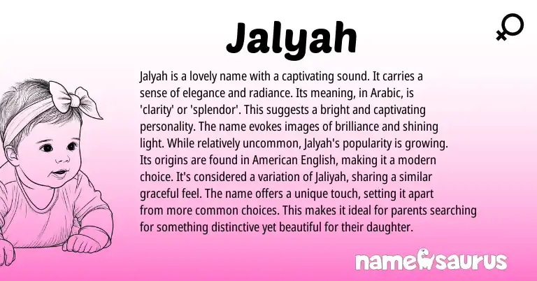 Infographic about Jalyah name meaning, Jalyah is a name from Arabic origin(s).