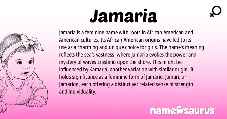 Infographic about Jamaria name meaning, Jamaria is a name from African American, American origin(s).