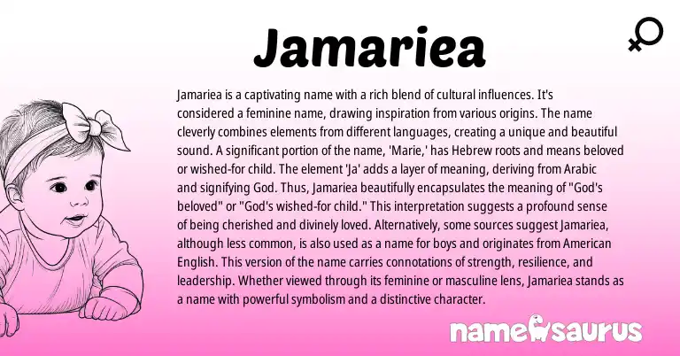Infographic about Jamariea name meaning, Jamariea is a name from Hebrew origin(s).