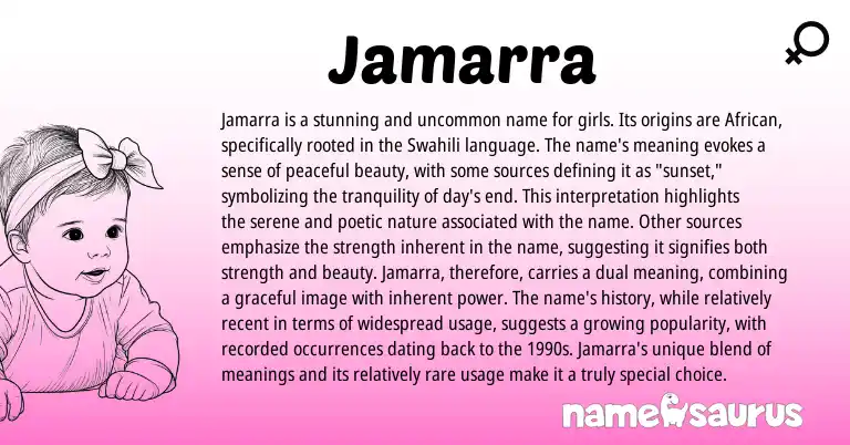 Infographic about Jamarra name meaning, Jamarra is a name from African, Swahili origin(s).