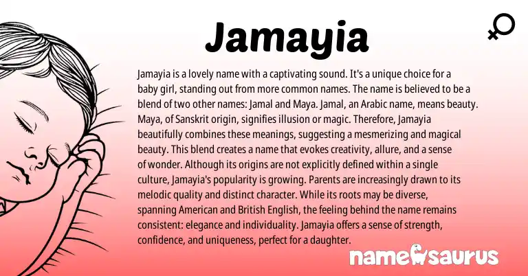Infographic about Jamayia name meaning, Jamayia is a name from Sanskrit, Arabic origin(s).