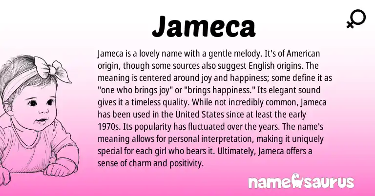 Infographic about Jameca name meaning, Jameca is a name from American origin(s).
