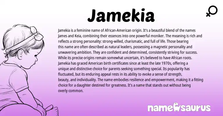 Infographic about Jamekia name meaning, Jamekia is a name from American origin(s).