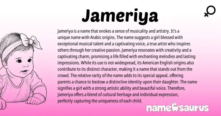 Infographic about Jameriya name meaning, Jameriya is a name from Arabic origin(s).