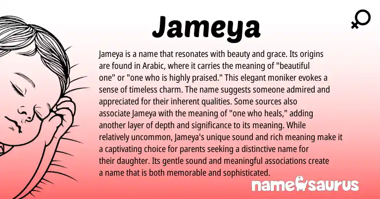 Infographic about Jameya name meaning, Jameya is a name from English, Arabic origin(s).