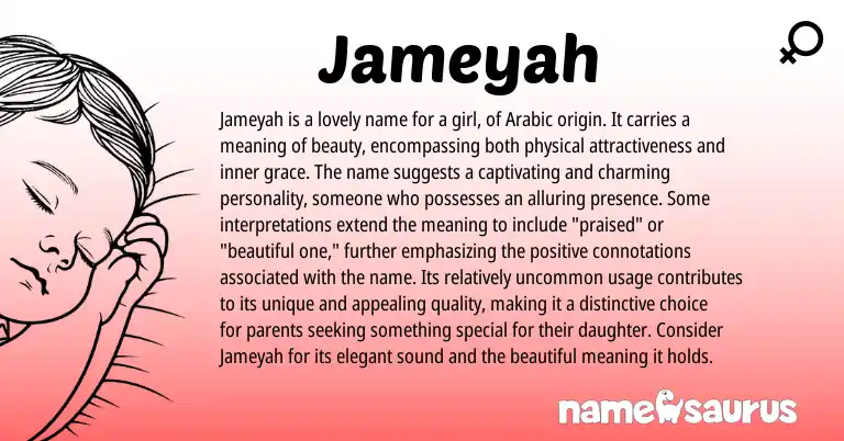 Infographic about Jameyah name meaning, Jameyah is a name from Arabic origin(s).