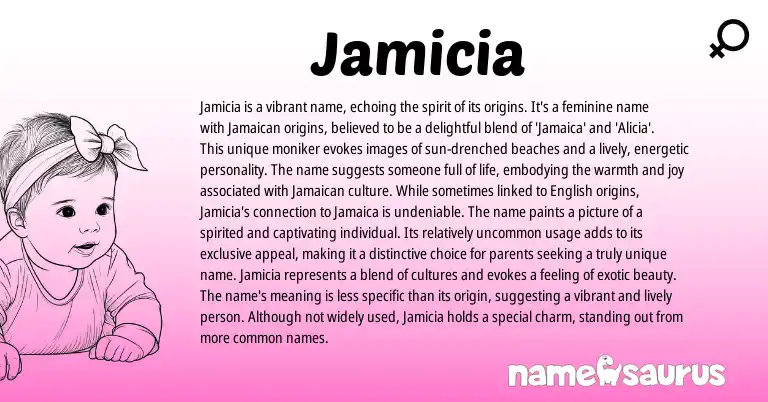 Infographic about Jamicia name meaning, Jamicia is a name from Jamaican origin(s).