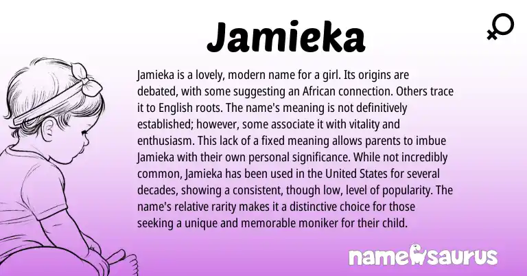 Infographic about Jamieka name meaning, Jamieka is a name from African, American origin(s).