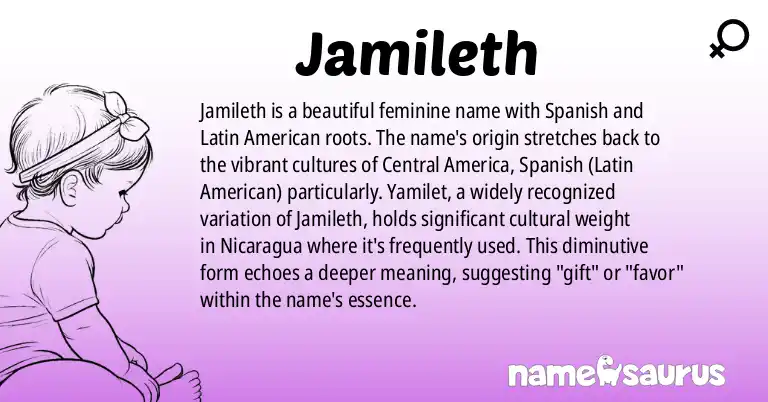 Infographic about Jamileth name meaning, Jamileth is a name from Spanish (Latin American), Central American origin(s).
