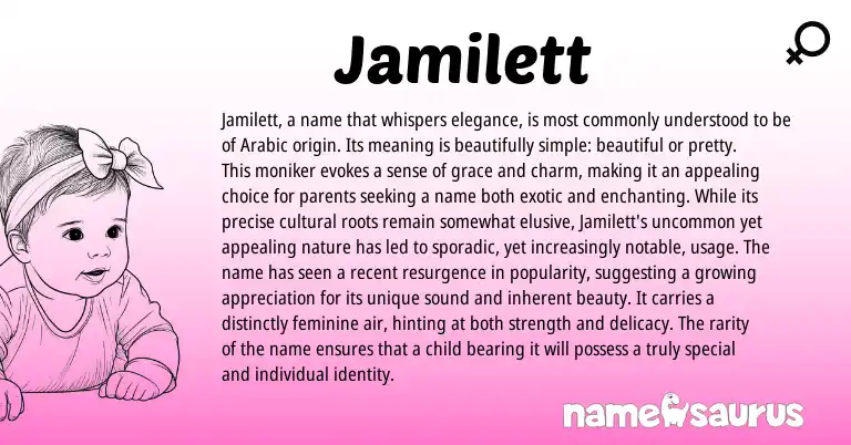 Infographic about Jamilett name meaning, Jamilett is a name from Arabic origin(s).