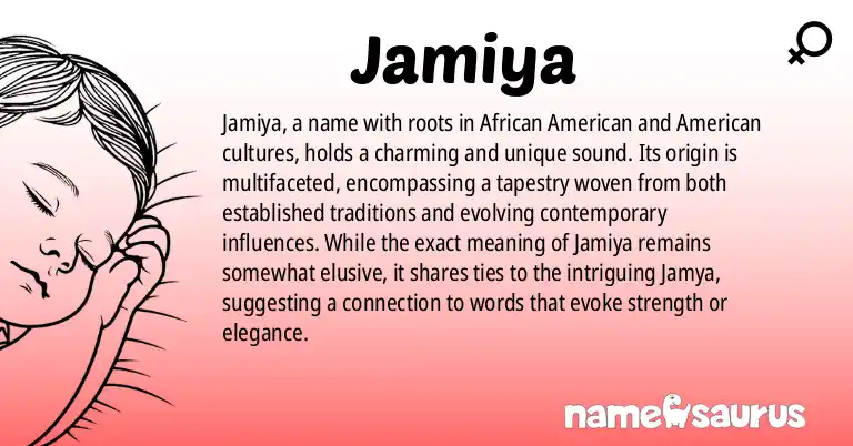 Infographic about Jamiya name meaning, Jamiya is a name from African American, American origin(s).