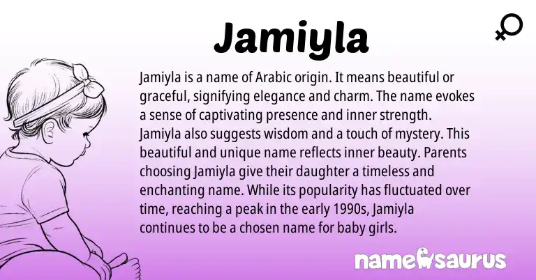 Infographic about Jamiyla name meaning, Jamiyla is a name from Arabic origin(s).