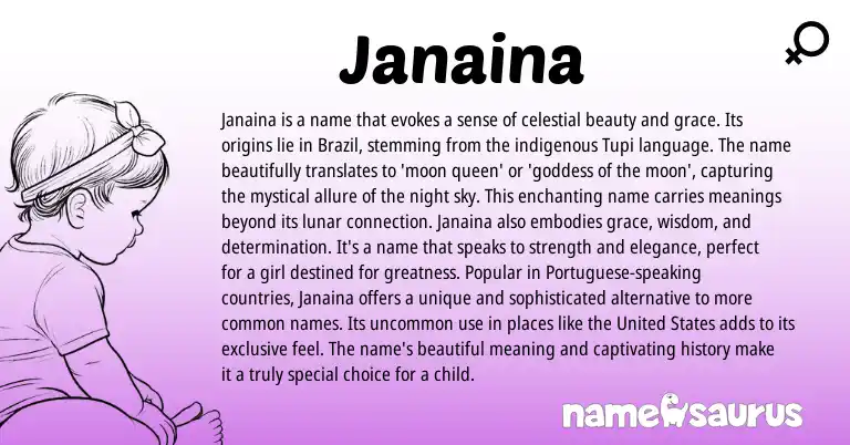 Infographic about Janaina name meaning, Janaina is a name from Brazilian, Tupi, Portuguese, American origin(s).