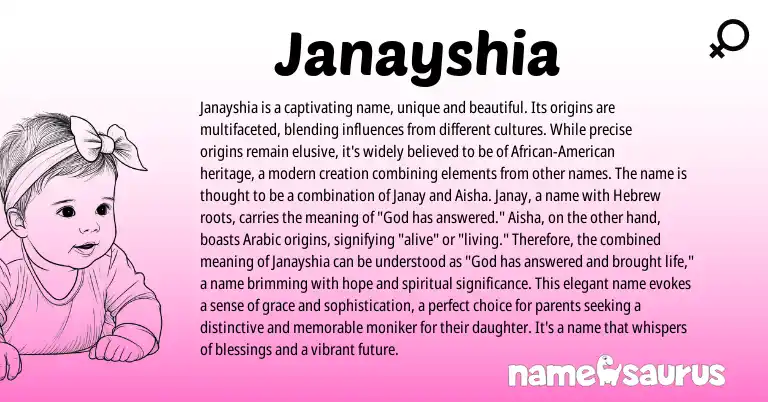 Infographic about Janayshia name meaning, Janayshia is a name from Hebrew, Arabic, American origin(s).