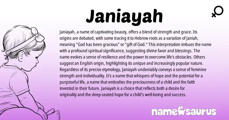 Infographic about Janiayah name meaning, Janiayah is a name from Hebrew origin(s).
