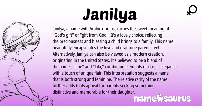 Infographic about Janilya name meaning, Janilya is a name from Arabic origin(s).
