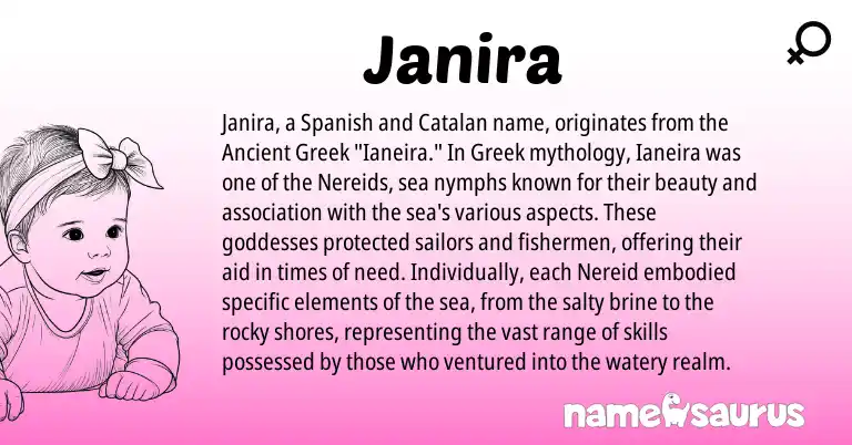 Infographic about Janira name meaning, Janira is a name from Spanish, Ancient Greek, Catalan, Greek origin(s).