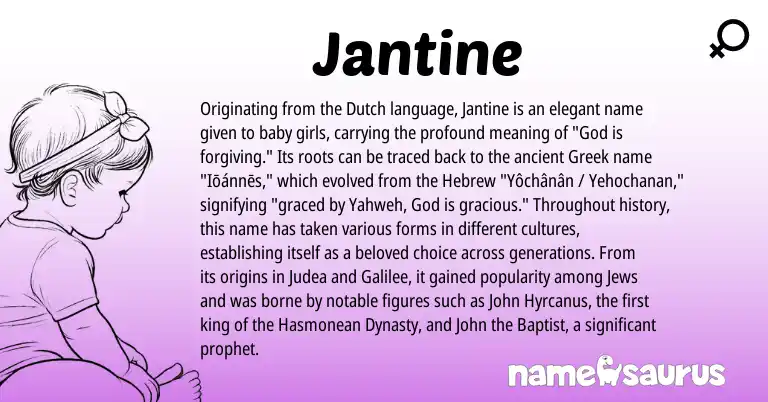 Infographic about Jantine name meaning, Jantine is a name from Dutch, Hebrew, Greek origin(s).