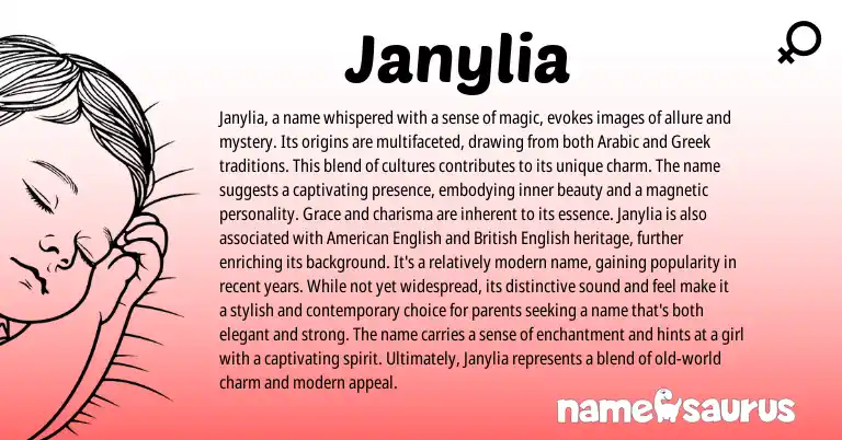 Infographic about Janylia name meaning, Janylia is a name from Greek, Arabic origin(s).