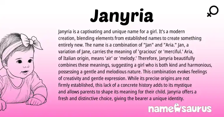 Infographic about Janyria name meaning, Janyria is a name from Italian origin(s).