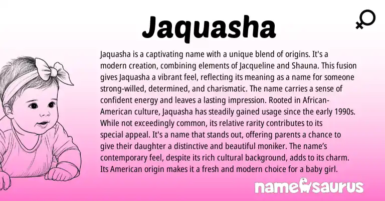 Infographic about Jaquasha name meaning, Jaquasha is a name from American origin(s).